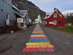Rainbow path to the Blue Church in Seydisfjordur